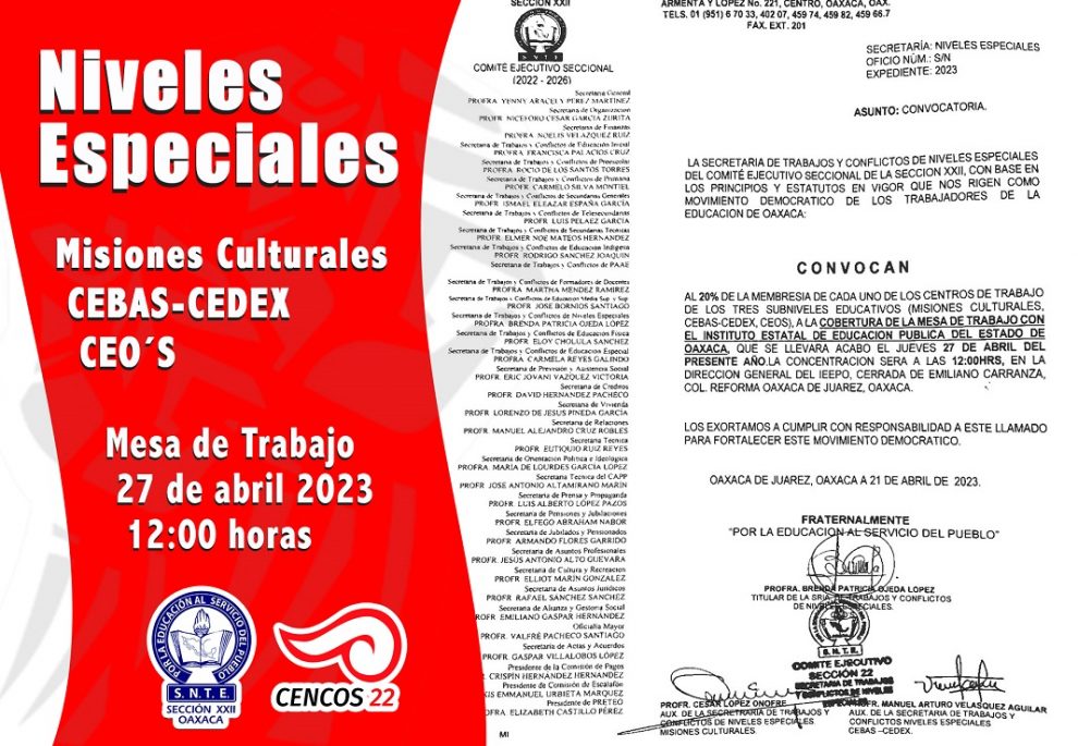 Convocatoria Cobertura De La Mesa De Trabajo De Niveles Especiales De